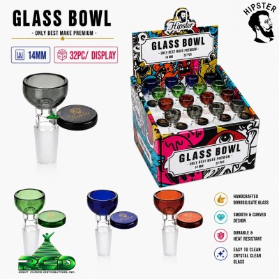 HIPSTER COLORED ROUND W/ FLAT TAB HANDLE 14MM GLASS BOWL 32CT/ DISPLAY BMDSET10